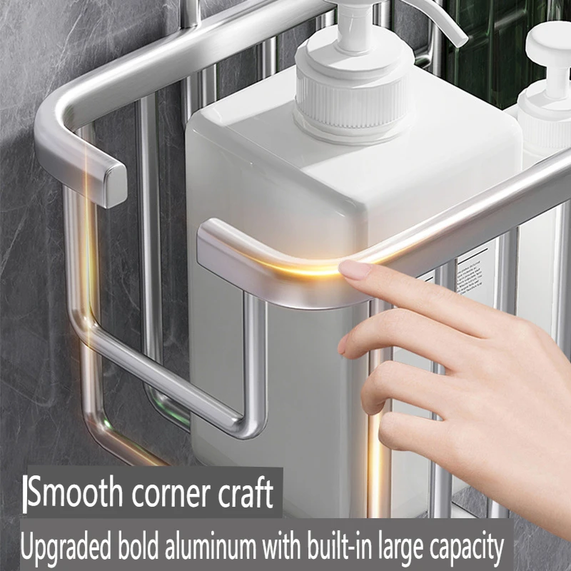 No-hole shower head shelf tray, space aluminum shower room wall-mounted rod basket, bathroom storage shelf.
