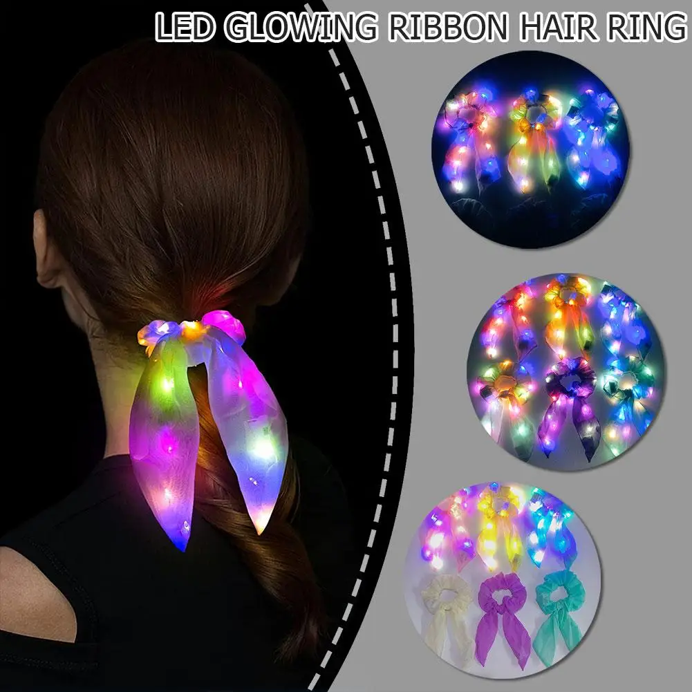 

Luminous Streamer Headband Bow Scrunchie Led Flash Women Girls 3 Rope Hair Bands In Light Dark Glow Hair Modes The L5V0