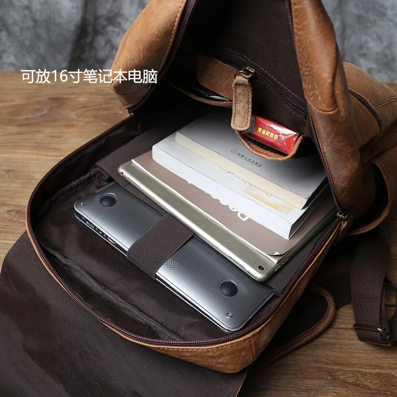 NZPJ Vintage Genuine Leather Men's Backpack Top Layer Cowhide Casual Backpack 16 "Laptop Bag Large Capacity Outdoor Travel Bag