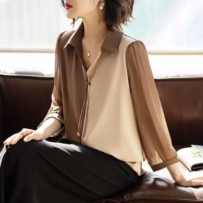 Office Lady Turn-down Collar Shirt Spring Autumn 3/4 Sleeve Female Clothing Korean Solid Color Patchwork Fashion Chain Blouse