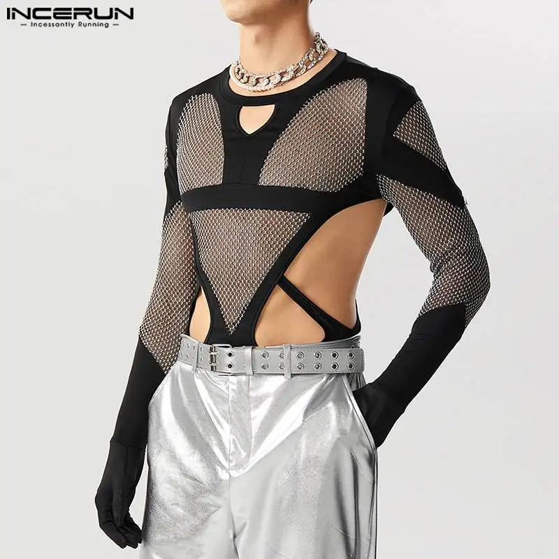 Men Bodysuits Mesh Patchwork Transparent Gloves Hollow Out Rompers Male T Shirts O-neck Long Sleeve Bodysuit S-5XL INCERUN