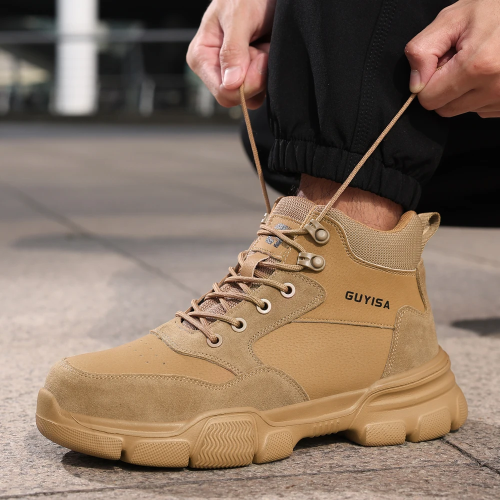 Khaki High Top Safety Shoes Work Boots Men Soft Bottom Lightweight Steel Toe Shoes Puncture-Proof Protection Shoes Security Boot