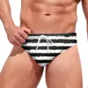 Men'S Korean Fashion Briefs Bathing Suit Youth Stylish Striped Print Shorts Low Waist Drawstring Swimwear Beach Vacation Trunks 1