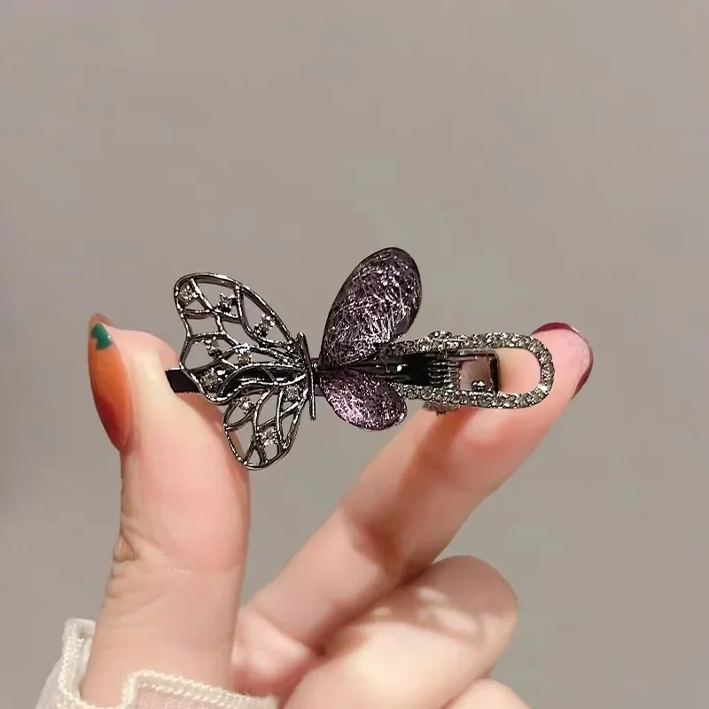 Fee Schwarz Strass Schmetterling Haarspange Exquisite Damen Pony Seitenclip Metall Entenschnabel Clip Haarnadel Einfache Haar-Accessoires – Detail 3