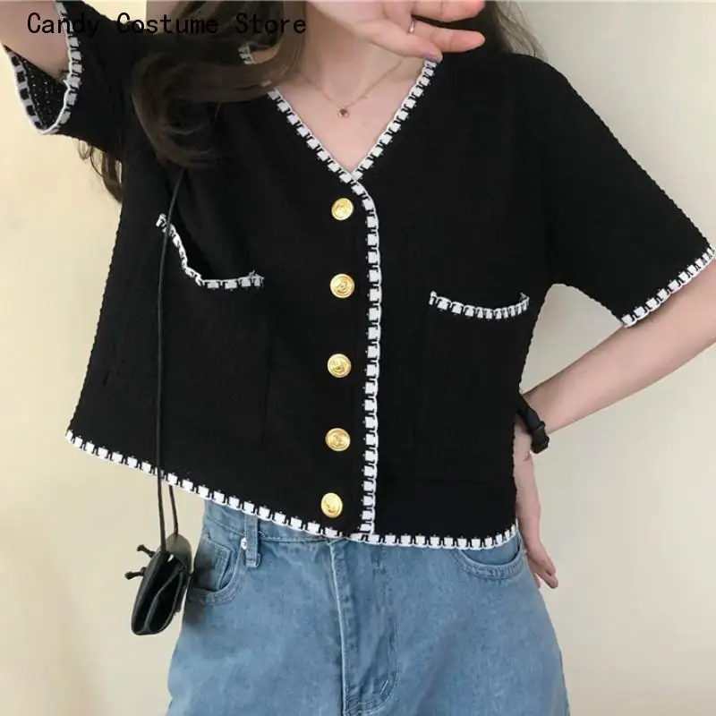 Style Panelled New Arrival Open Front All-Match Leisure Daily Shirts Women V-Neck Korean Knitwear Crop Tunic Short Sleeve beyouare fashion brown patchwork jeans women high waist panelled pocket flare pants elegant female jeans streetwear autumn 2023