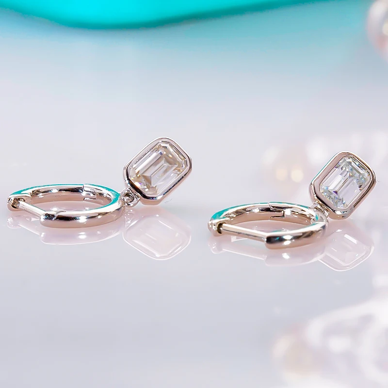 QINHUAN 0.8ct Emerald Cut Moissanite Hoop Earrings S925 Silver Platinum Plated Drop Earring for Women Fine Jewelry Wedding Party