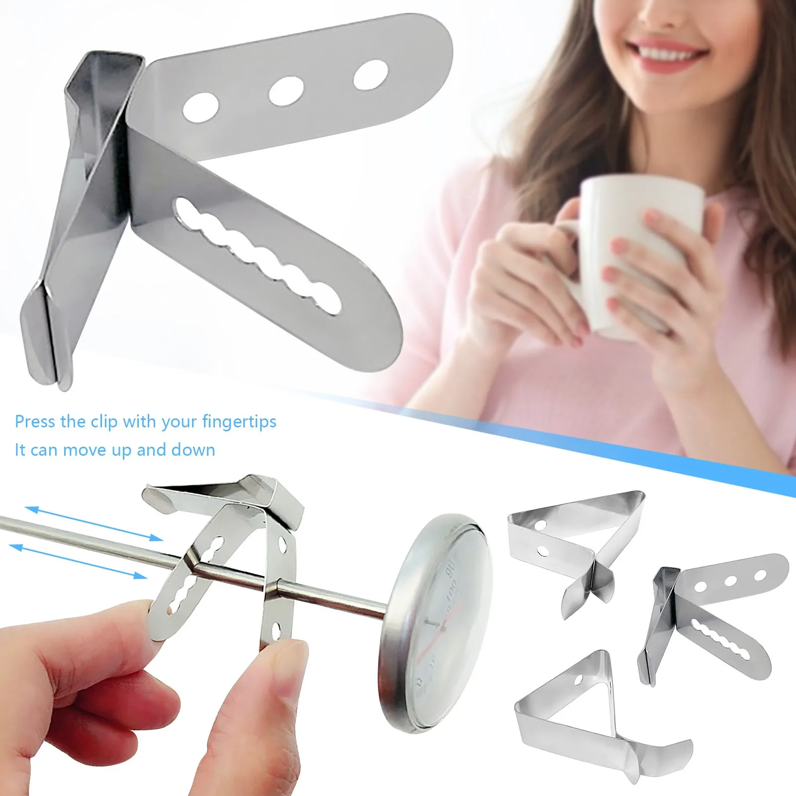 Thermometer Holder Heat-Resisting Stainless Steel Universal Secur Coffee Cup Clip Probe Clamp for Restaurant Picnic Kitchen