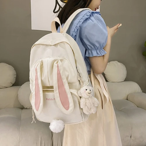 십대 소녀 학교 배낭을위한 귀여운 토끼 귀 배낭 여성 대용량 카와이 학교 데이 팟 나일론 캐주얼 학생 Bookbag 2