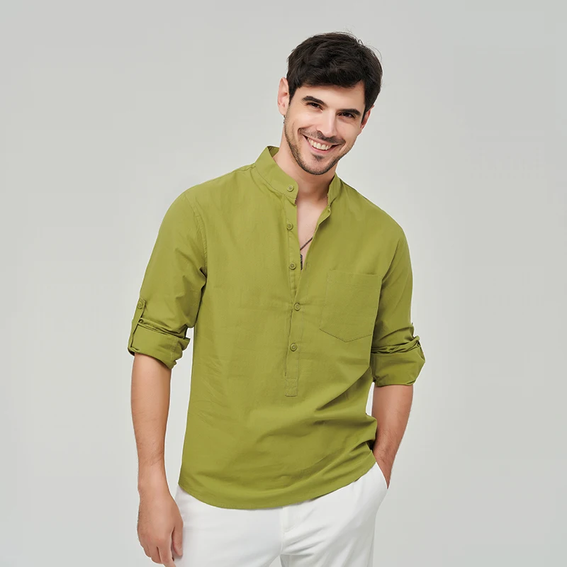 

Рубашка мужская с воротником-стойкой, дышащая классическая сорочка из 100% хлопка, приталенный силуэт, длинный рукав, однотонная, весна-осень