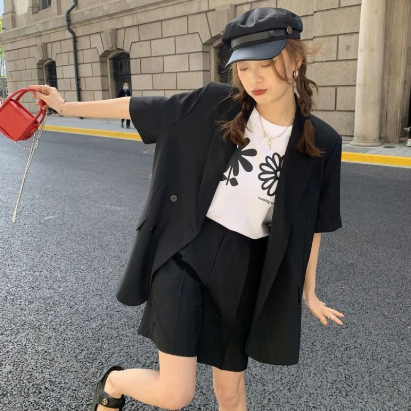 Clothing White 2023 Sleeve Summer Korean Style Blazer and Shorts Suit for Woman Kit Women's Short Pants Sets Complete Two Pieces