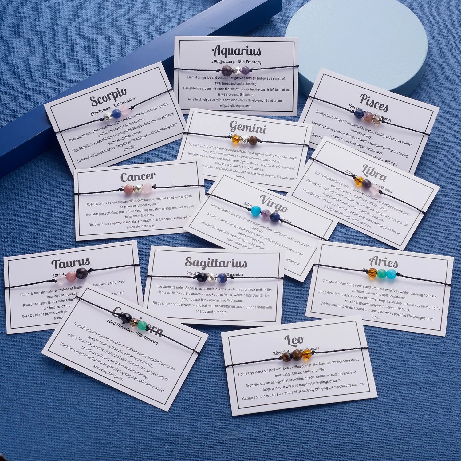 남녀공용 12 별자리 크리스털 비즈 팔찌, 수제 꼰 로프, 십이지 사인 팔찌, 생일 쥬얼리 선물, 패션 