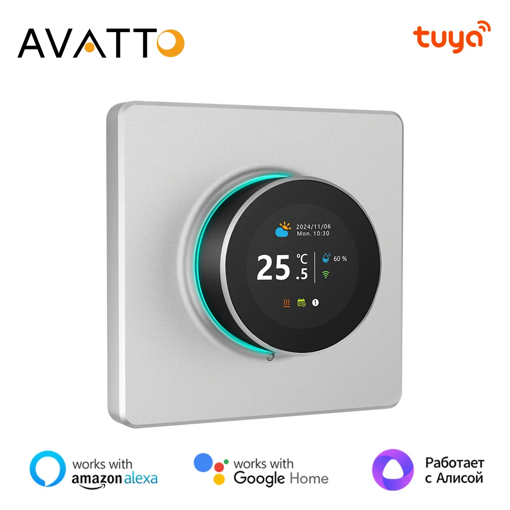 เทอร์โมสตัทแบบหมุนอัจฉริยะ AVATTO Tuya WiFi พร้อมไฟ Ambient Light, ตัวควบคุมอุณหภูมิสำหรับระบบทำความร้อนพื้นไฟฟ้าอัจฉริยะ ใช้ได้กับหม้อต้มน้ำ/แก๊ส 1