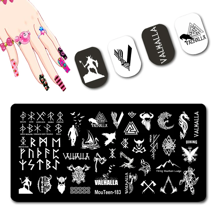 Mouteen Warrior Character Nail Stamp Battle Axe Plates Nail Stamping Plates Letter Nail Stamp Templates #183