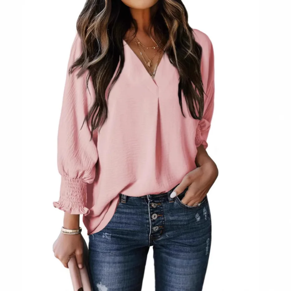 Women Solid Color V Neck Blouse Shirt Summer Workwear