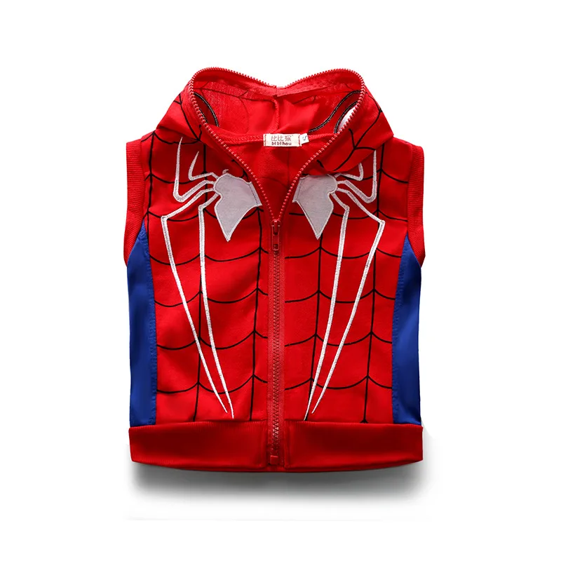 3pcs Cartoon Print Spiderman Cosplay Costume Autumn Kids Boys Sleeveless Hooded Vest T Shirt Pant Tracksuit Children Outfits