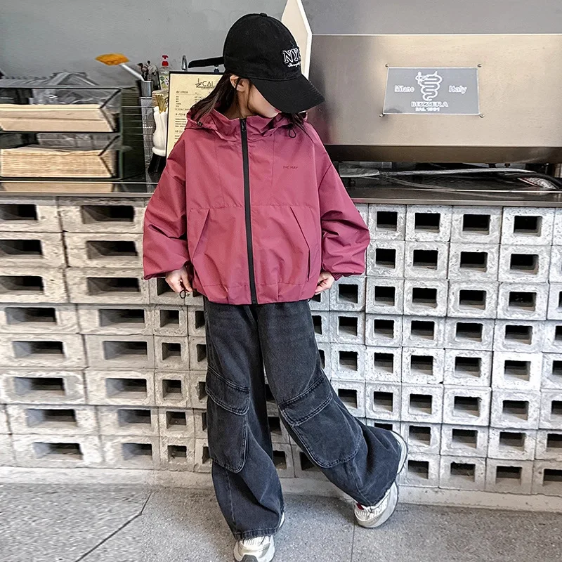 Girls' Spring/Autumn Coat 2025 New Arrival Windproof Oversized Jacket Hooded Sports-Style Casual Coat for Older Children