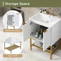 FENGSHUO Simplicity Bathroom Vanity With Sink Bathroom Vanity Cabinet With Two Doors And Gold Metal Frame Open Storage Shelf 1