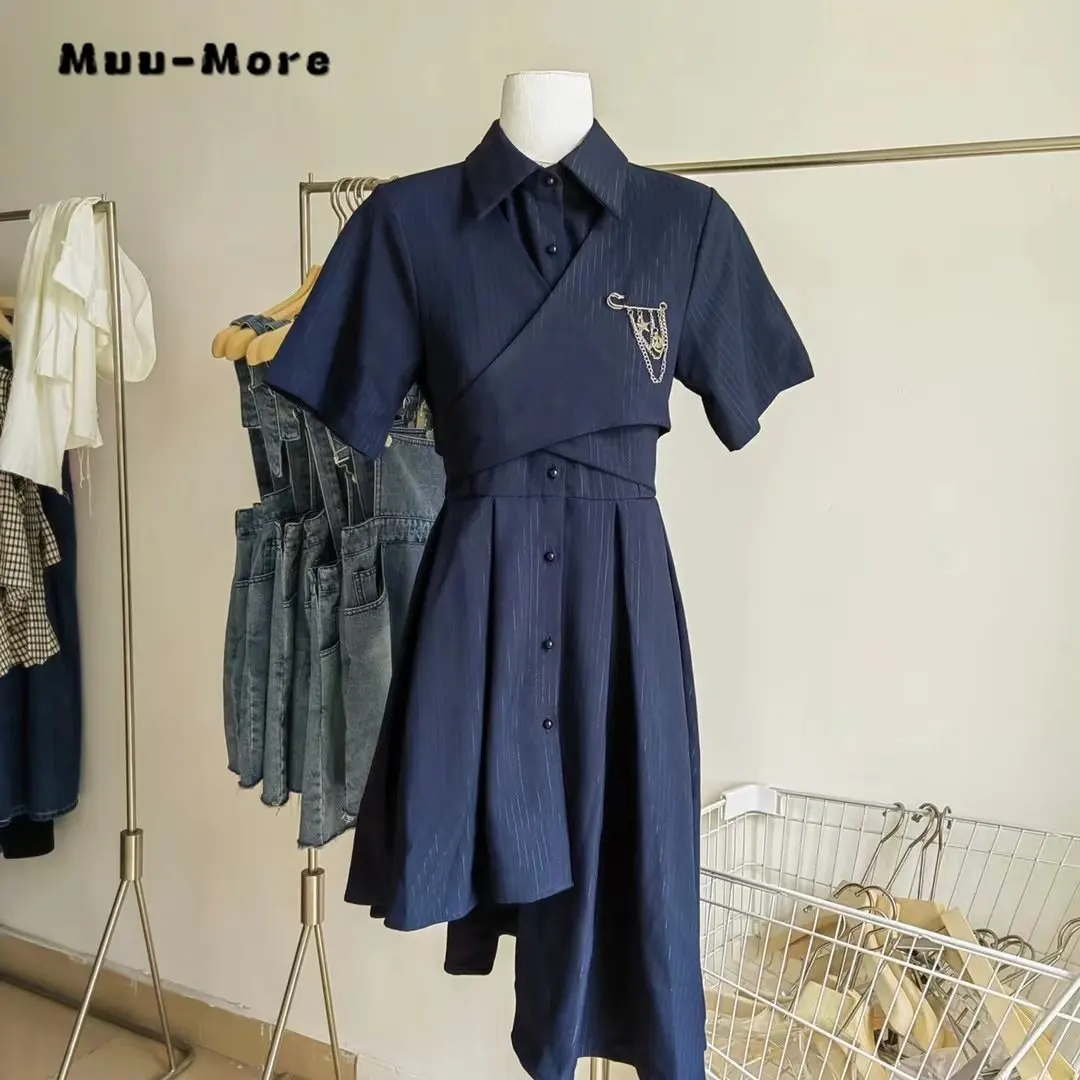 

2023 Summer Vintage Short Sleeve Turn-Down Collar Shirt Dresses Women's Patchwork Elegant Classic Office Lady Blouse Dress