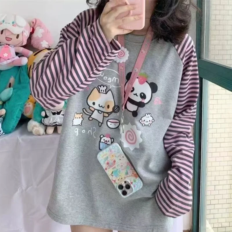 Japan Kawaii Cartoon Anime Print T-Shirt O-Neck Long Sleeve Top Youth Blouses Women's T-Shirt OTAKU Y2k Stripe Graphic T-Shirts