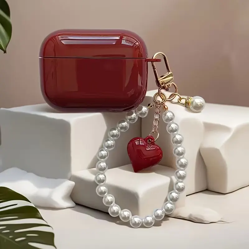 غطاء سماعات ايربودز قلب لؤلؤي نبيذي