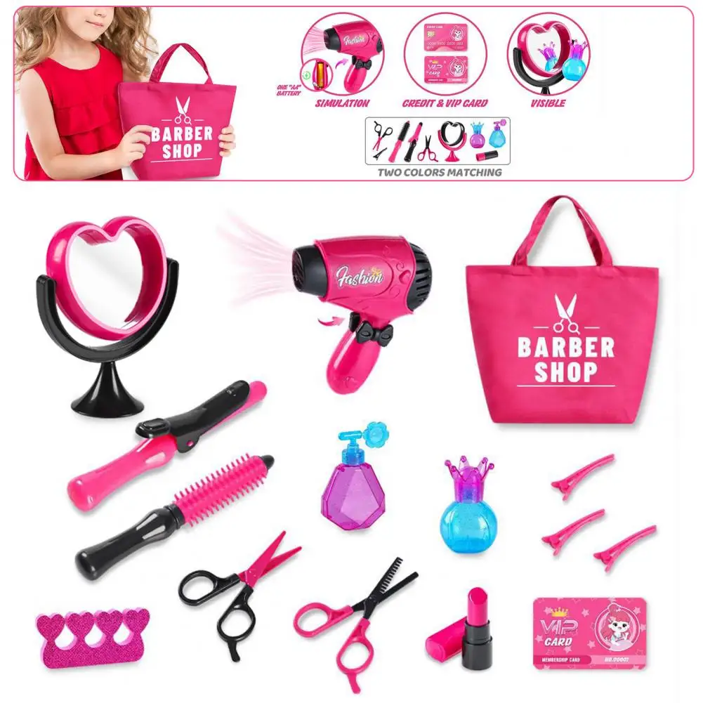 Simulate Real-life Scenarios Toy Set Girls Jewelry Handbag Barber Toy Hair Tool Set for Little Girls 15-piece for Pretend