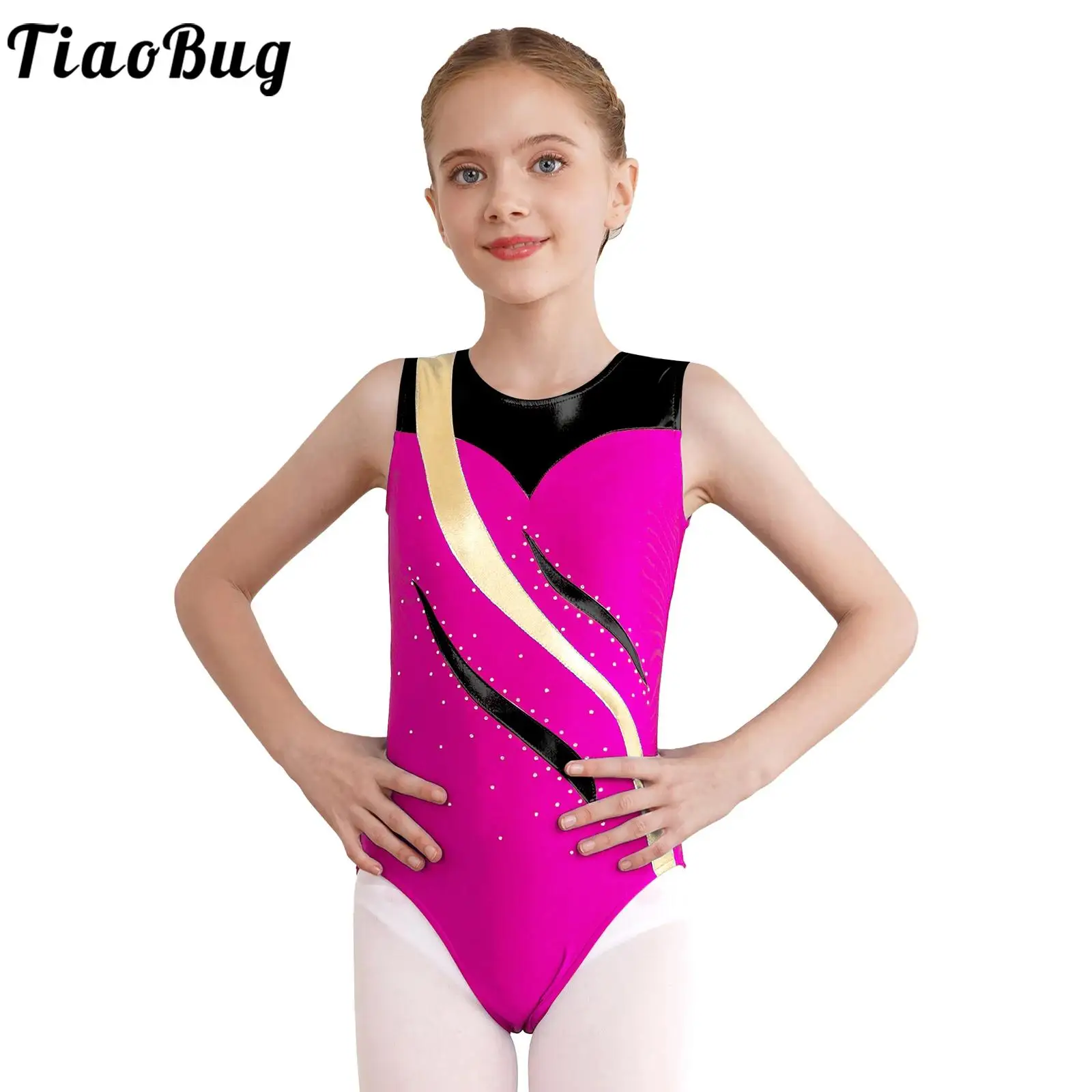 

TiaoBug Kids Girls 4 to 14 Years Leotard Rhythmic Gymnastics Performance Costume Rhinestones Keyhole Back Sleeveless Bodysuit