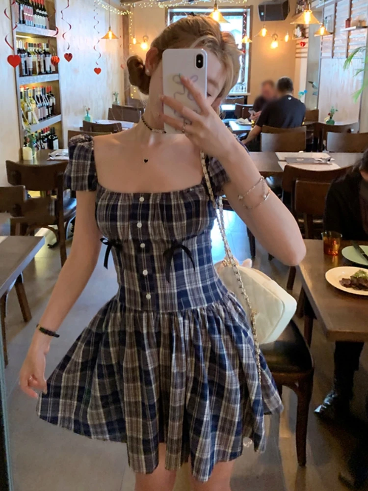 Y2K Plaid Short Dresses for Women Princess Birthday Party Dress Puff Sleeve Square Collar Bow Prom Summer Mini Vestidos Mujer