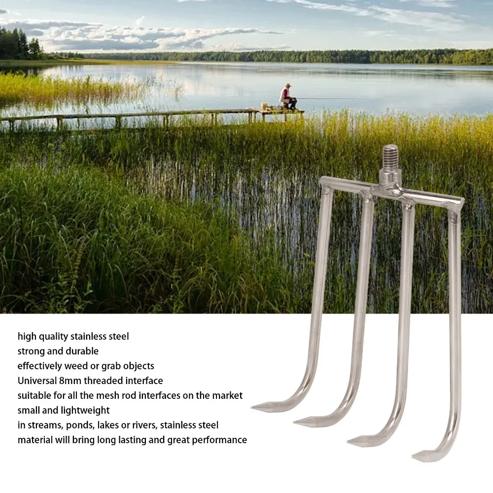 Edelstahl-Fischereirechen mit 8mm Gewindeanschluss, Hochleistungs-Wasserpflanzenrechen, Silber, 4 Zähne, für Aquatische Pflanzen und Fischerei – Detail 5