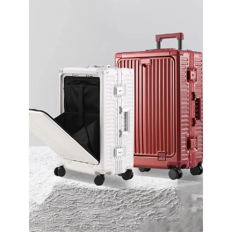 Large Capacity Rolling Luggage Front Opening Aluminum Frame with Cup Holder USB Charging Trolley Case Carry-Ons Travel Suitcases