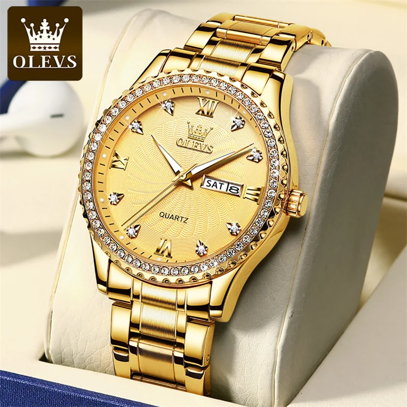 OLEVS Brand Luxury Gold Quartz Watch for Men Stainless Steel Waterproof Week Date Fashion Diamond Watches Mens Relogio Masculino