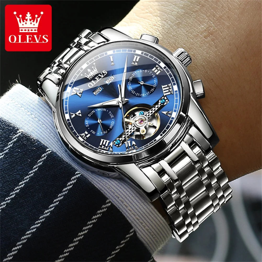 OLEVS 6607 Original Automatic Man Watch Skeleton Flywheel Auto Date Hand Clock Stainless Steel Waterproof Mechanical Wristwatch