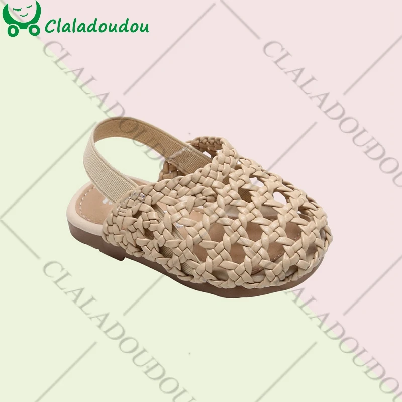 11.5-15.5cm Brand Weaves Toddler Girls Sandalias,Brown Pink Hollow Elastic Band Baby Outside Slippers,Enfants Girls Summer Flat 1