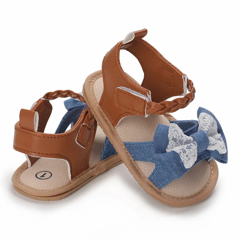 

Сандалии для новорожденных девочек, мягкая нескользящая подошва, с бантом, в стиле пэчворк, обувь для первых шагов, летние
