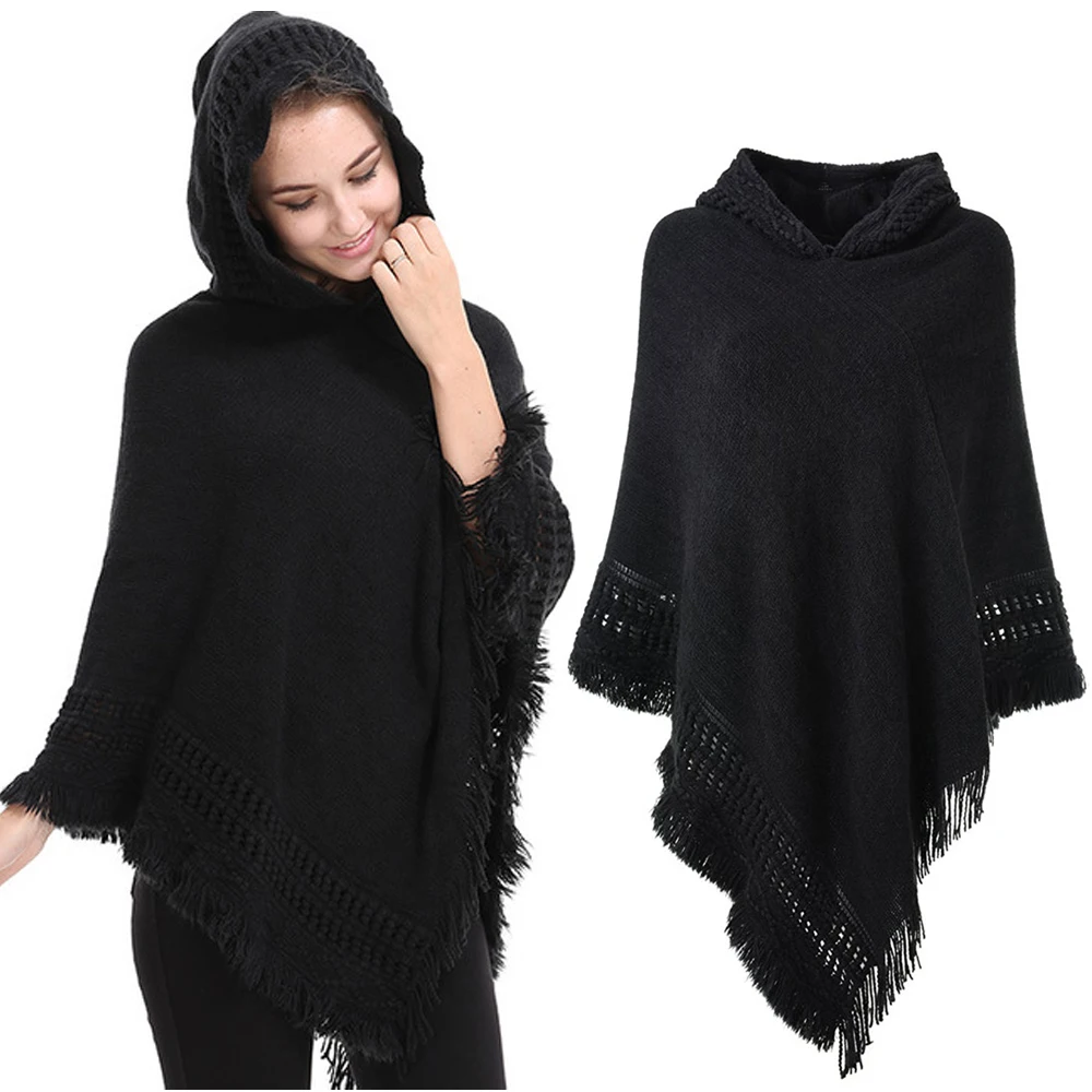 Ladies' Hooded Cape sleeveless Knit Shawl Cardigan with Fringed Hem Crochet Poncho Knitting Patterns for Women knitting basic tank top versatile mid aged men s v neck knitted sweater vest slim fit sleeveless pullover with ribbed cuffs