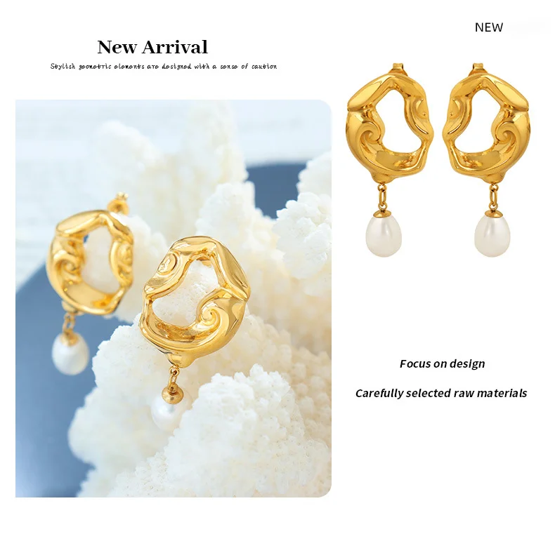 Französische Retro-Licht-Luxus-vergoldete hohle Lava-unregelmäßige Ohrringe für Damen mit Süßwasserperlen-Anhänger, übertriebene Ohrringe_voghion.com