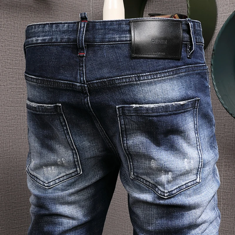 Streetwear Fashion Men Jeans High Quality Retro Black Blue Elastic Slim Fit Ripped Jeans Men Vintage Designer Brand Pants Hombre