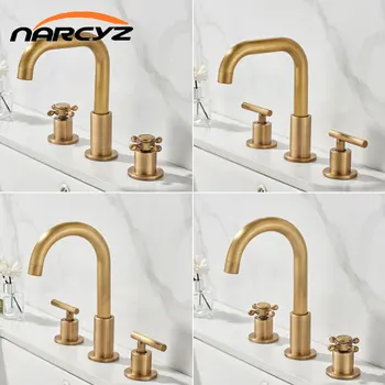 ก๊อกสามหลุมทองเหลืองโบราณสไตล์ยุโรปสำหรับอ่างล้างหน้าห้องน้ำห้องน้ำแบบย้อนยุคอ่างล่างหน้าด้วยมือก๊อกน้ำร้อนและน้ำเย็น YK-007 1