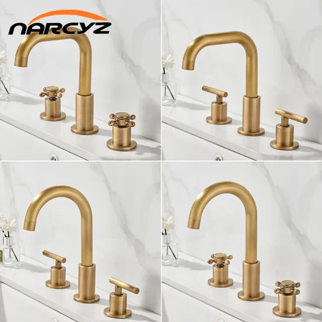 ก๊อกสามหลุมทองเหลืองโบราณสไตล์ยุโรปสำหรับอ่างล้างหน้าห้องน้ำห้องน้ำแบบย้อนยุคอ่างล่างหน้าด้วยมือก๊อกน้ำร้อนและน้ำเย็น YK-007 1