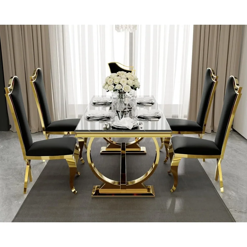 Luxury Dining Table Set, 72 Inch U-Base Modern Dining Room Table with 6 Black Velvet Upholstered Dining Room Chairs, Dinning Set 3