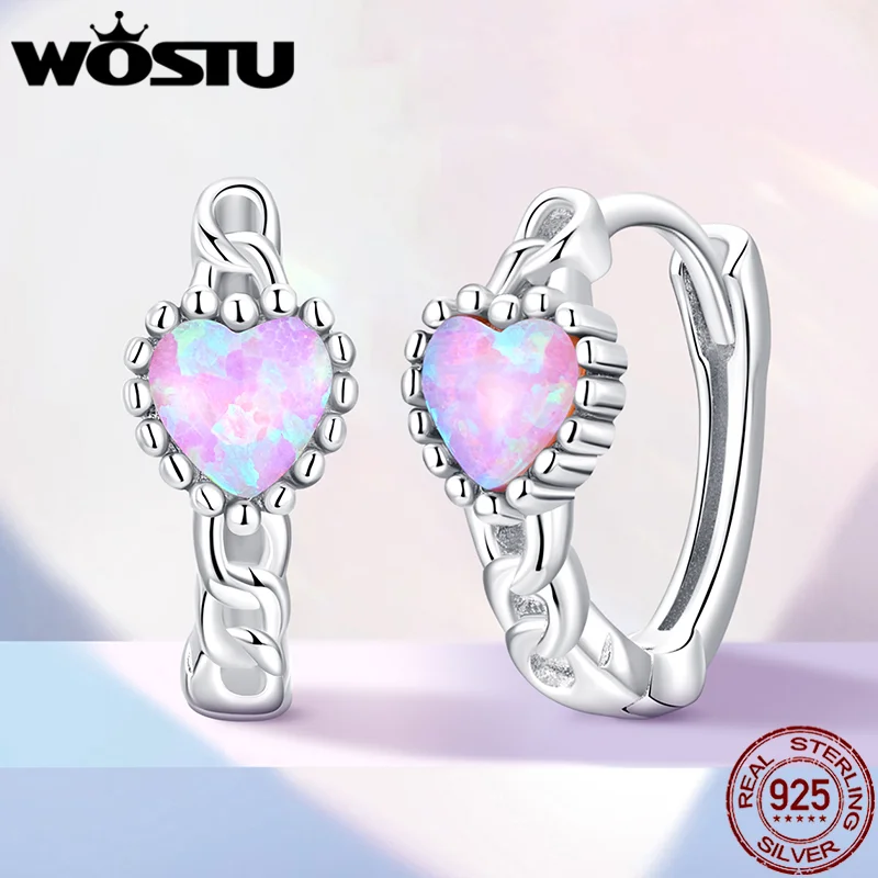 Wostu 925 Sterling Silver Classica Forma Di Cuore Rosa Opale Orecchini A Cerchio Orso Trifoglio Borchie Fibbie Con Cz Gioielli Da Donna Matrimonio