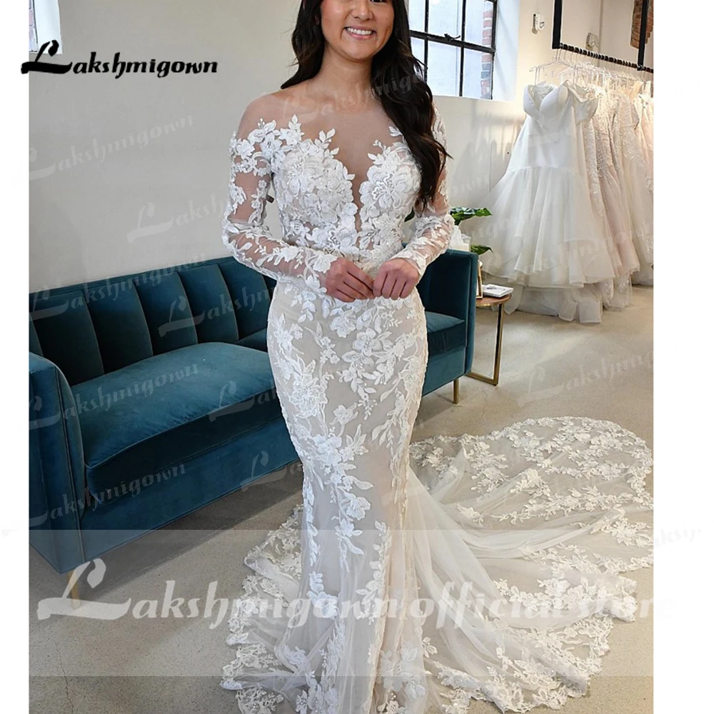 Lakshmigown O-Neck Long Sleeves Mermaid Wedding Dresses Appliques Backless Royal Tail Luxury Bride Dress