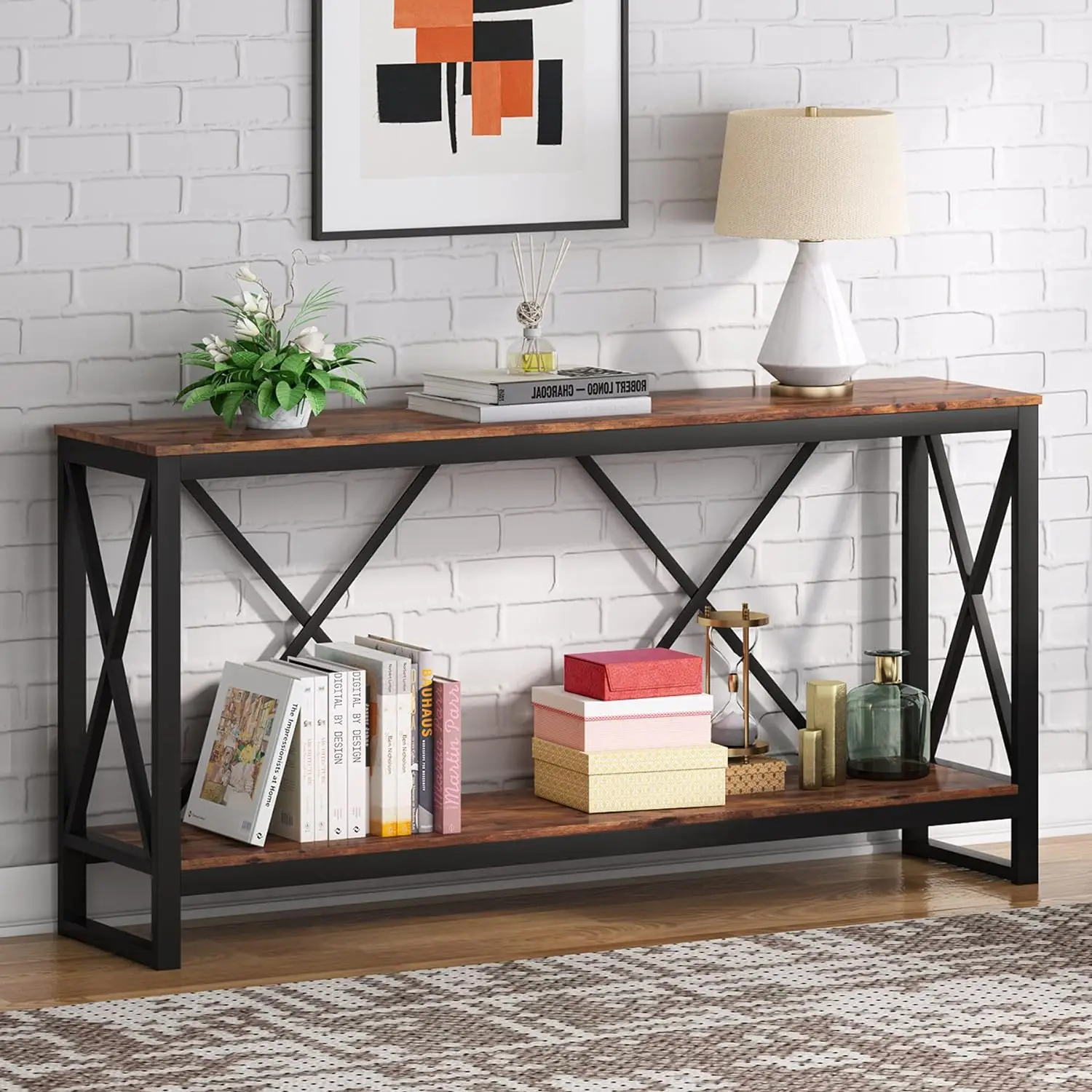 

70.9 Inch Extra Long Console Table, Industrial Narrow Sofa Entry Behind Couch with Open Storage Shelf. Rustic Entryway/Hallway
