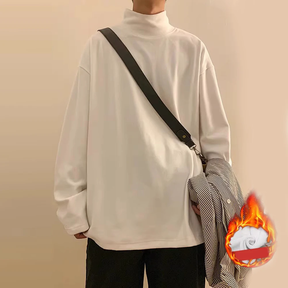 

Mens Long Sleeve T-Shirts Solid Oversize Thermal Casual High Turtleneck Tops Autumn Winter Bottoming Shirt Hong Kong Style