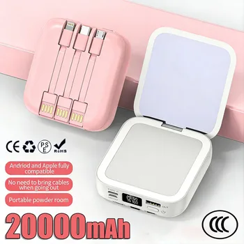 Power Bank da 20000 mAh Ricarica rapida con specchio per il trucco Cavo staccabile integrato Batteria esterna portatile per iPhone Samsung