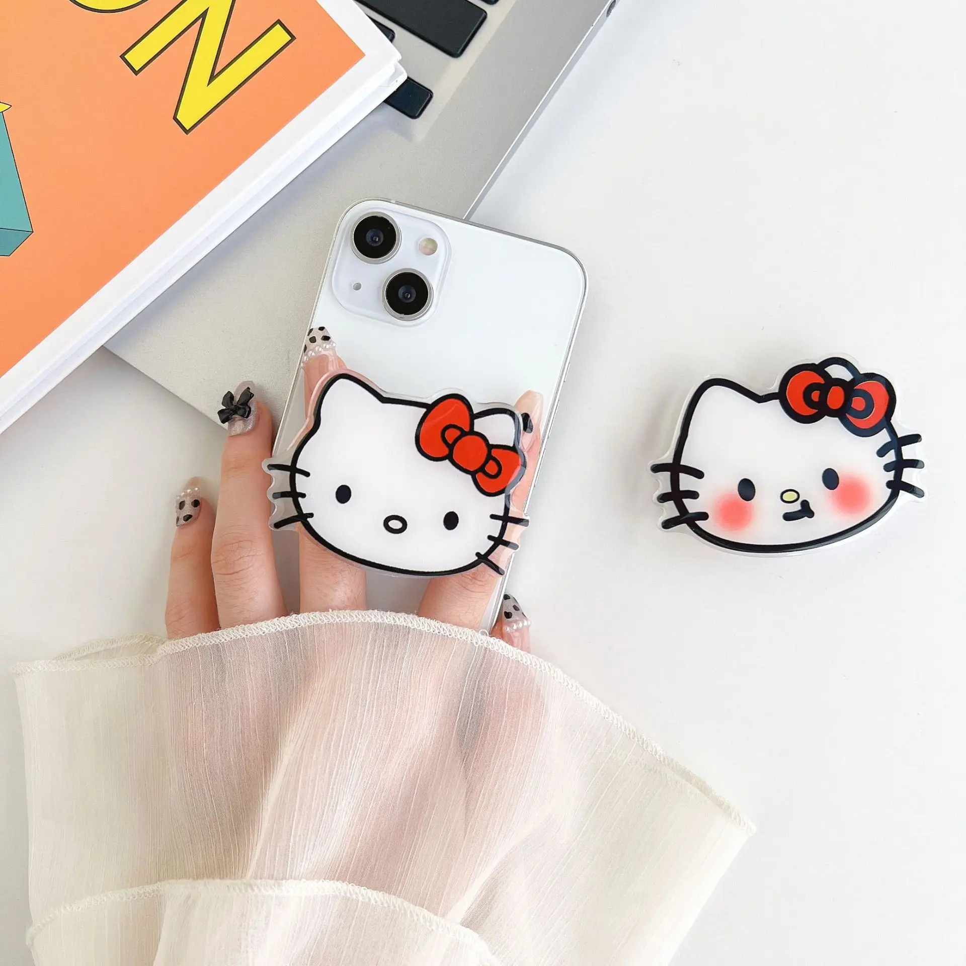 

Sanrio Hello Kitty Phone Socket Holder Kawaii Anime Finger Grip Bracket for IPhones Desktop Holder Back Sticker Gift