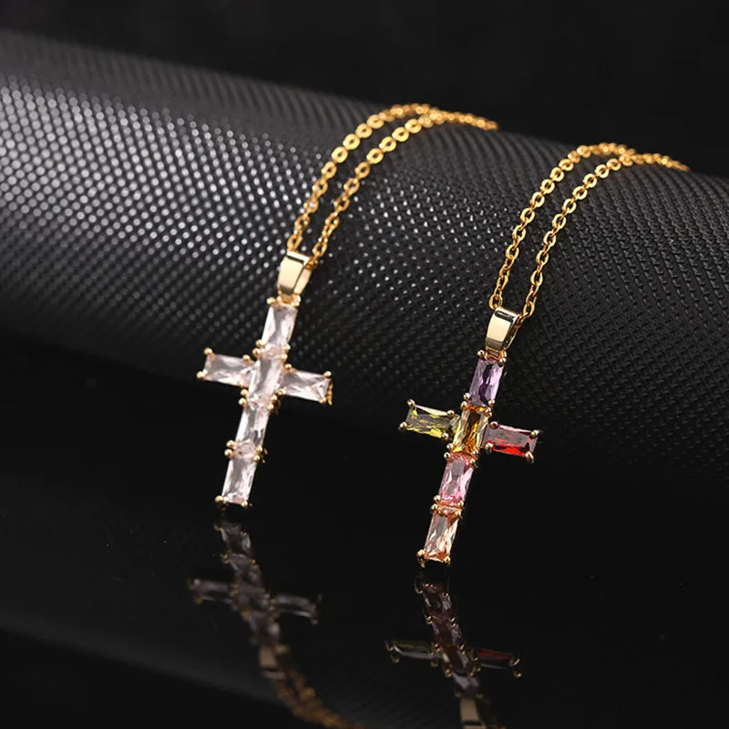 

Exquisite Colorful Square Zircon Plated 18k Gold Cross Pendant Women's Collar Chain Fashion Jewelry Religious Gift