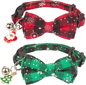 TONG Christmas Cat Collar Breakaway with Cute Bow Tie Bell Plaid Xmas Collar with Removable Bowtie Cat Bow Collar for Cats 1