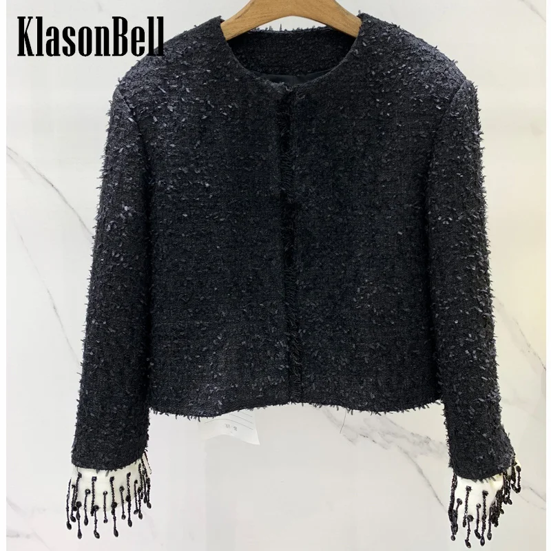 

11.6 KlasonBell Elegant Tweed Cuff Detachable Hand Diamonds Beading Design O-Neck Short Jacket Coat Women's