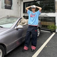 American retro plaid patchwork rolled edge women jeans high street Harajuku loose wide leg straight leg men and women pants - Image 4