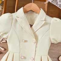 Robe décontractée pour fille à manches bouffantes, col en V, couleur unie, double bouton, bouton perlé 3